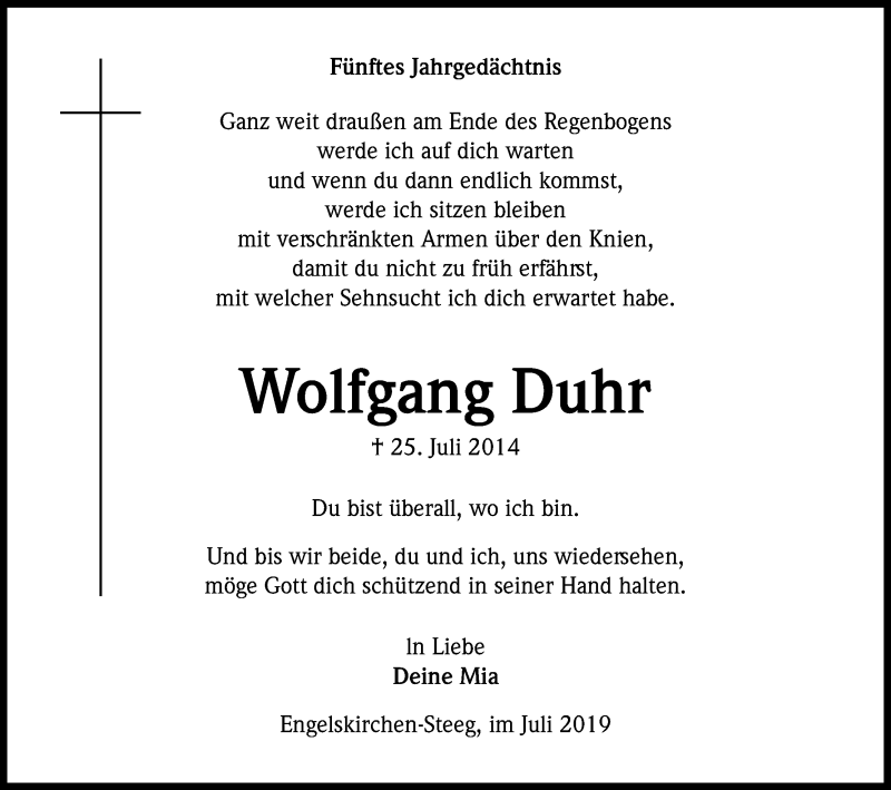  Traueranzeige für Wolfgang Duhr vom 25.07.2019 aus Kölner Stadt-Anzeiger / Kölnische Rundschau / Express