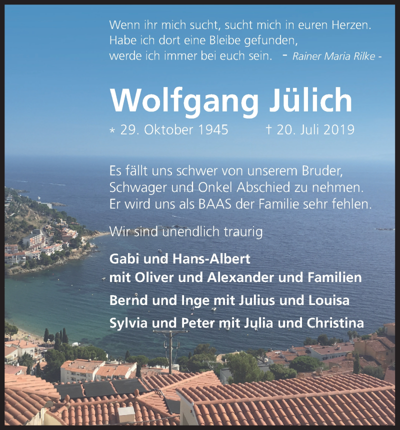  Traueranzeige für Wolfgang Jülich vom 27.07.2019 aus Kölner Stadt-Anzeiger / Kölnische Rundschau / Express