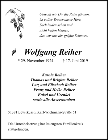 Anzeige von Wolfgang Reiher von Kölner Stadt-Anzeiger / Kölnische Rundschau / Express