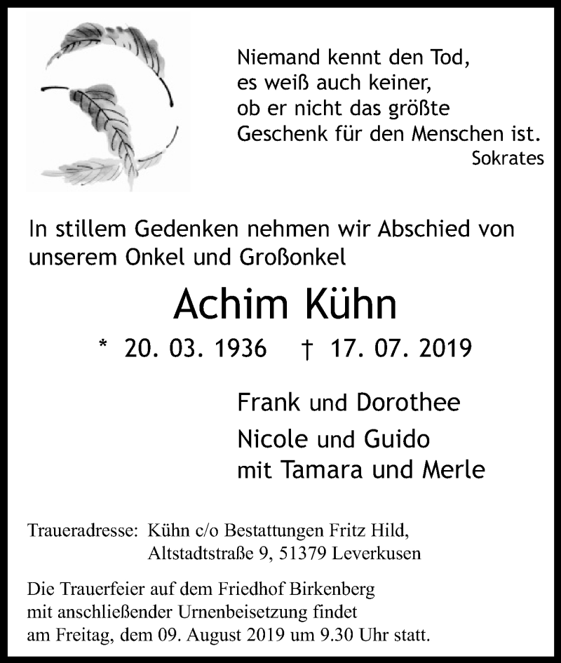  Traueranzeige für Achim Kühn vom 03.08.2019 aus Kölner Stadt-Anzeiger / Kölnische Rundschau / Express
