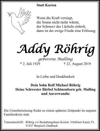 Anzeige von Addy Röhrig von  Bergisches Sonntagsblatt 