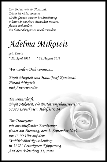 Anzeige von Adelma Mikoteit von Kölner Stadt-Anzeiger / Kölnische Rundschau / Express