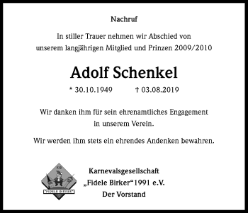 Anzeige von Adolf Schenkel von Kölner Stadt-Anzeiger / Kölnische Rundschau / Express