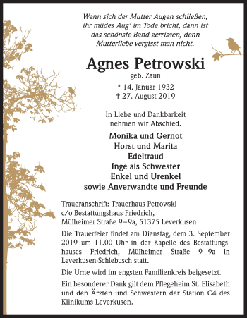 Anzeige von Agnes Petrowski von Kölner Stadt-Anzeiger / Kölnische Rundschau / Express