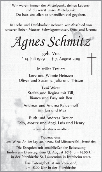 Anzeige von Agnes Schmitz von  Blickpunkt Euskirchen 