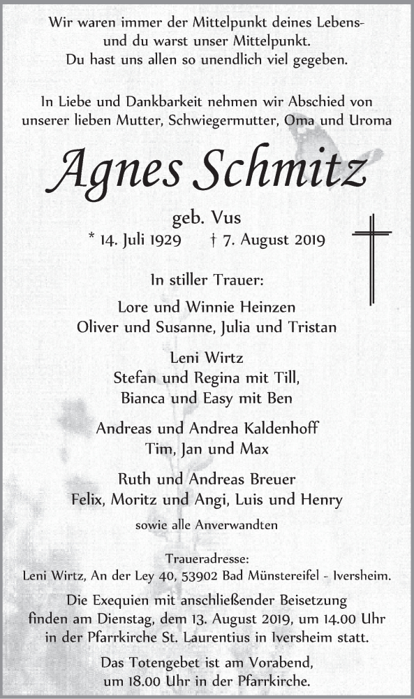  Traueranzeige für Agnes Schmitz vom 10.08.2019 aus  Blickpunkt Euskirchen 