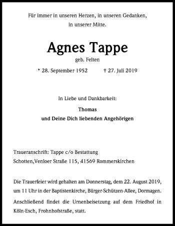 Anzeige von Agnes Tappe von Kölner Stadt-Anzeiger / Kölnische Rundschau / Express