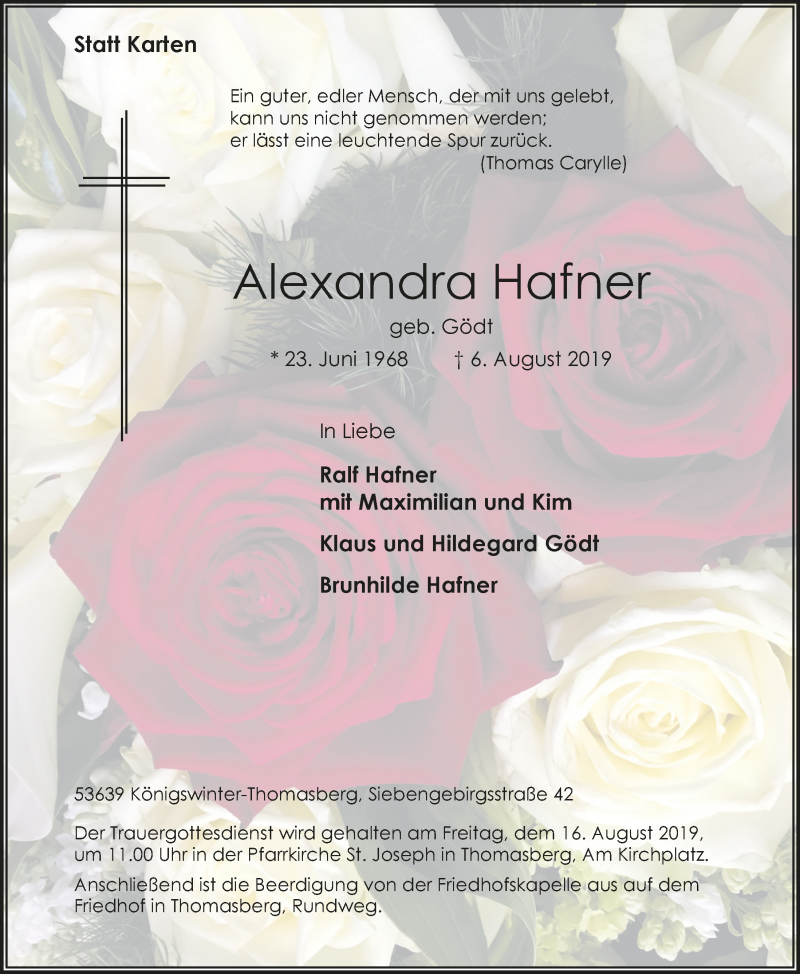  Traueranzeige für Alexandra Hafner vom 14.08.2019 aus  Extra Blatt 