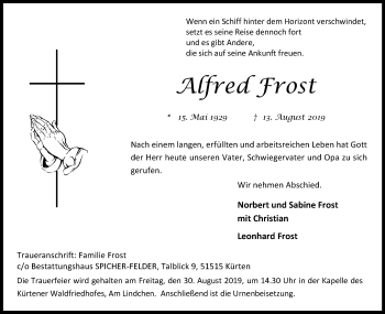 Anzeige von Alfred Frost von Kölner Stadt-Anzeiger / Kölnische Rundschau / Express