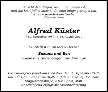 Anzeige von Alfred Küster von Kölner Stadt-Anzeiger / Kölnische Rundschau / Express