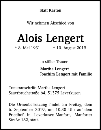 Anzeige von Alois Lengert von Kölner Stadt-Anzeiger / Kölnische Rundschau / Express