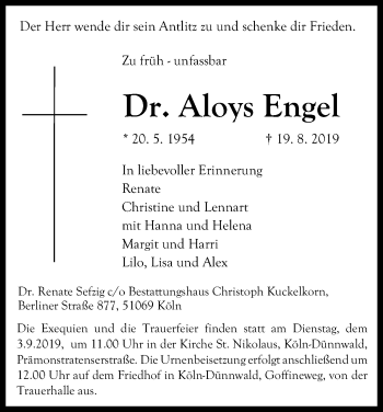 Anzeige von Aloys Engel von Kölner Stadt-Anzeiger / Kölnische Rundschau / Express