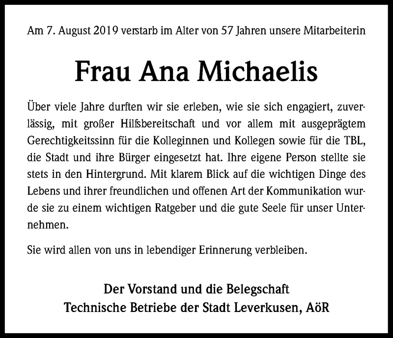  Traueranzeige für Ana Michaelis vom 17.08.2019 aus Kölner Stadt-Anzeiger / Kölnische Rundschau / Express
