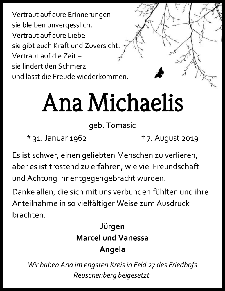  Traueranzeige für Ana Michaelis vom 31.08.2019 aus Kölner Stadt-Anzeiger / Kölnische Rundschau / Express