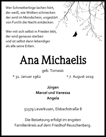 Anzeige von Ana Michaelis von Kölner Stadt-Anzeiger / Kölnische Rundschau / Express