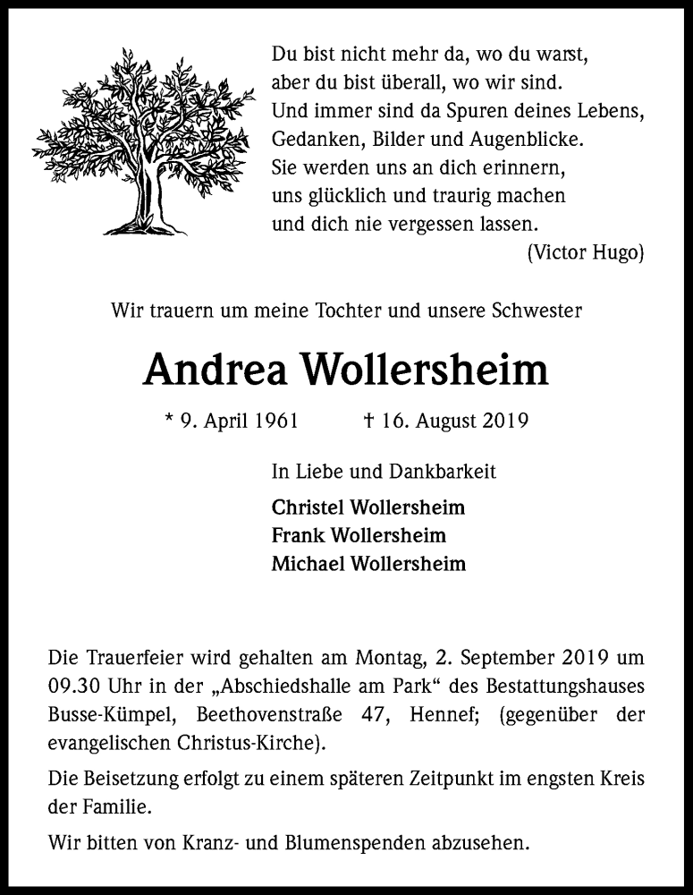  Traueranzeige für Andrea Wollersheim vom 31.08.2019 aus Kölner Stadt-Anzeiger / Kölnische Rundschau / Express