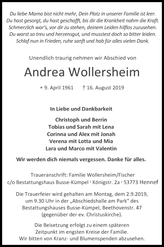  Traueranzeige für Andrea Wollersheim vom 29.08.2019 aus Kölner Stadt-Anzeiger / Kölnische Rundschau / Express