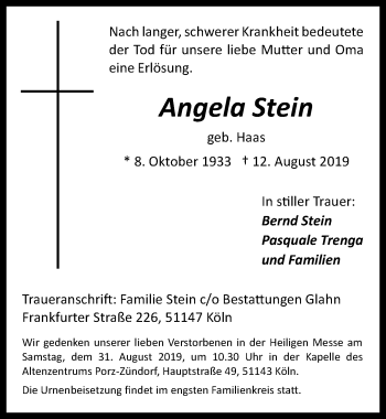 Anzeige von Angela Stein von  Kölner Wochenspiegel 