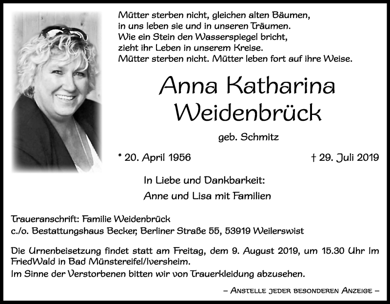  Traueranzeige für Anna Katharina Weidenbrück vom 03.08.2019 aus Kölner Stadt-Anzeiger / Kölnische Rundschau / Express