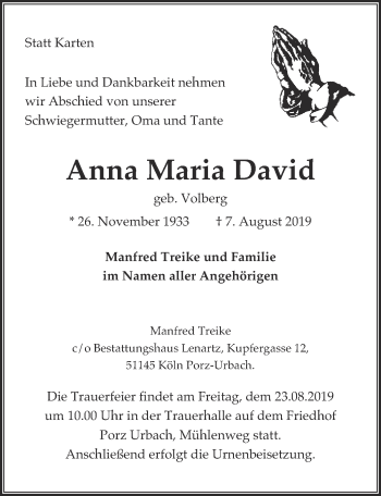 Anzeige von Anna Maria David von  Kölner Wochenspiegel 