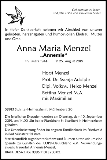 Anzeige von Anna Maria Menzel von Kölner Stadt-Anzeiger / Kölnische Rundschau / Express