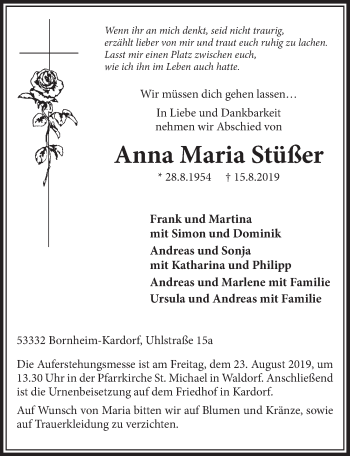 Anzeige von Anna Maria Stüßer von  Schlossbote/Werbekurier 