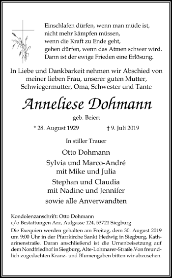 Anzeige von Anneliese Dohmann von Kölner Stadt-Anzeiger / Kölnische Rundschau / Express