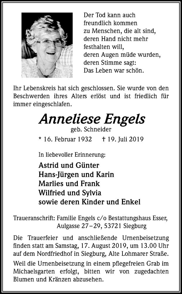  Traueranzeige für Anneliese Engels vom 10.08.2019 aus Kölner Stadt-Anzeiger / Kölnische Rundschau / Express