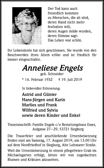 Anzeige von Anneliese Engels von Kölner Stadt-Anzeiger / Kölnische Rundschau / Express