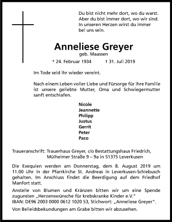 Anzeige von Anneliese Greyer von Kölner Stadt-Anzeiger / Kölnische Rundschau / Express