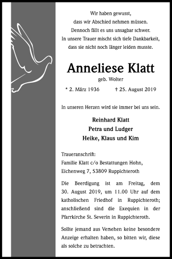 Anzeige von Anneliese Klatt von Kölner Stadt-Anzeiger / Kölnische Rundschau / Express