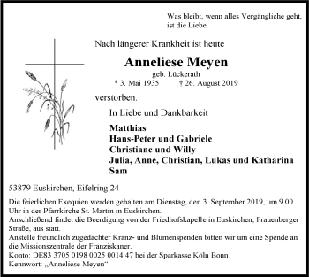 Anzeige von Anneliese Meyen von  Blickpunkt Euskirchen 