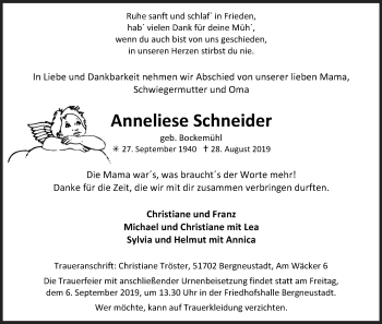 Anzeige von Anneliese Schneider von Kölner Stadt-Anzeiger / Kölnische Rundschau / Express
