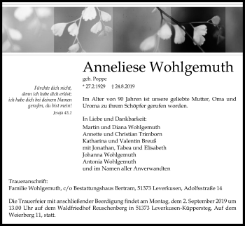 Anzeige von Anneliese Wohlgemuth von Kölner Stadt-Anzeiger / Kölnische Rundschau / Express