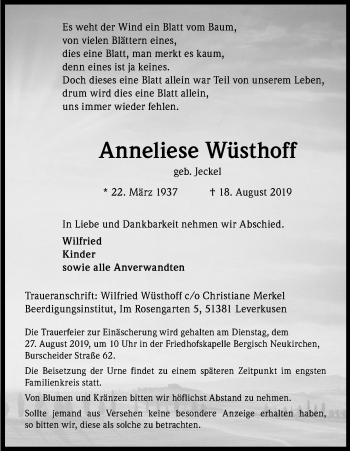 Anzeige von Anneliese Wüsthoff von Kölner Stadt-Anzeiger / Kölnische Rundschau / Express