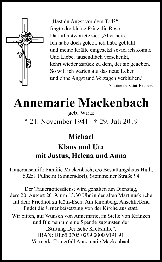  Traueranzeige für Annemarie Mackenbach vom 03.08.2019 aus Kölner Stadt-Anzeiger / Kölnische Rundschau / Express