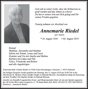 Anzeige von Annemarie Riedel von  Sonntags-Post 