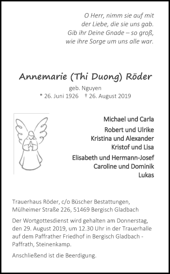 Anzeige von Annemarie Röder von Kölner Stadt-Anzeiger / Kölnische Rundschau / Express