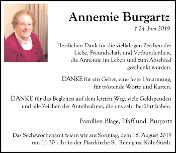Anzeige von Annemie Burgartz von  Kölner Wochenspiegel 