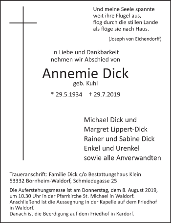 Anzeige von Annemie Dick von  Schaufenster/Blickpunkt  Schlossbote/Werbekurier 