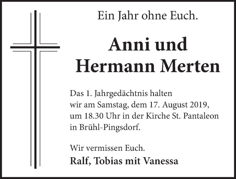  Traueranzeige für Anni Merten vom 07.08.2019 aus  Schlossbote/Werbekurier 