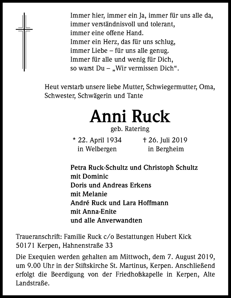  Traueranzeige für Anni Ruck vom 03.08.2019 aus Kölner Stadt-Anzeiger / Kölnische Rundschau / Express