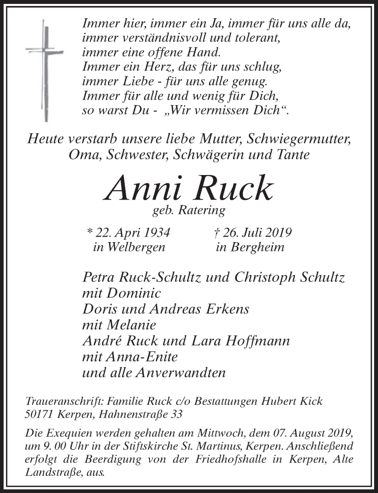  Traueranzeige für Anni Ruck vom 03.08.2019 aus  Sonntags-Post 
