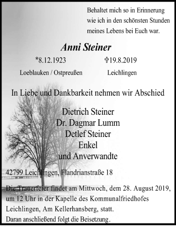 Anzeige von Anni Steiner von Kölner Stadt-Anzeiger / Kölnische Rundschau / Express