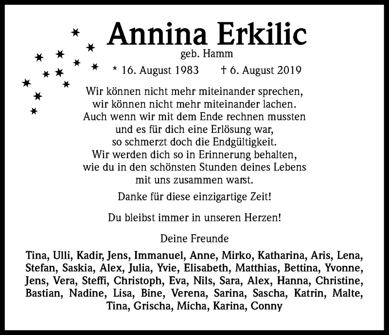  Traueranzeige für Annina Erkilic vom 17.08.2019 aus Kölner Stadt-Anzeiger / Kölnische Rundschau / Express