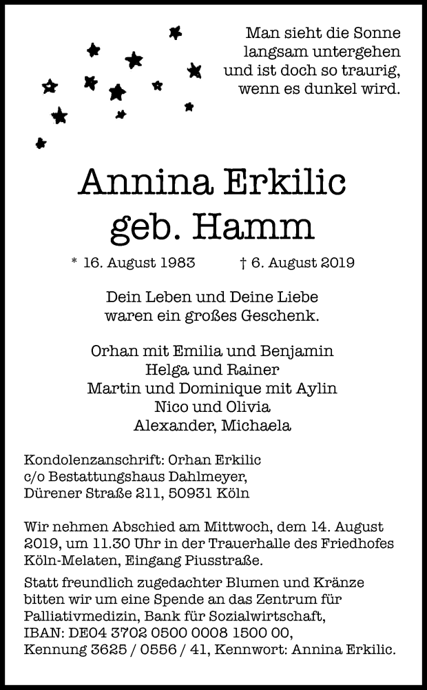  Traueranzeige für Annina Erkilic vom 10.08.2019 aus Kölner Stadt-Anzeiger / Kölnische Rundschau / Express