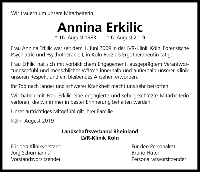  Traueranzeige für Annina Erkilic vom 14.08.2019 aus Kölner Stadt-Anzeiger / Kölnische Rundschau / Express
