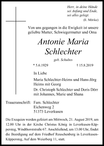 Anzeige von Antonie Maria Schlechter von Kölner Stadt-Anzeiger / Kölnische Rundschau / Express