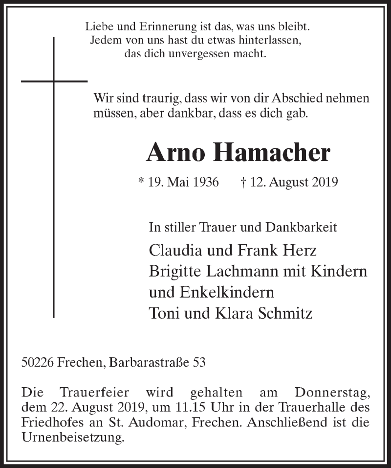  Traueranzeige für Arno Hamacher vom 17.08.2019 aus  Sonntags-Post 