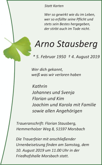 Anzeige von Arno Stausberg von Kölner Stadt-Anzeiger / Kölnische Rundschau / Express